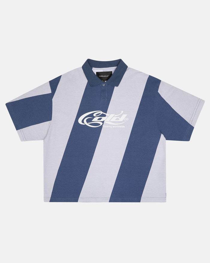 ASLANT STRIPES POLO TEE BLUE - blue and grey striped polo shirt, front view - Cold Culture