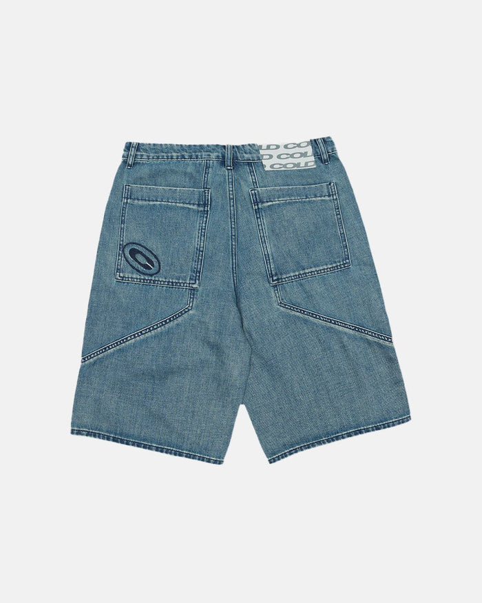 ASSEMBLY V2 SHORTS ACID BLUE DENIM - washed blue denim shorts, back view - Cold Culture
