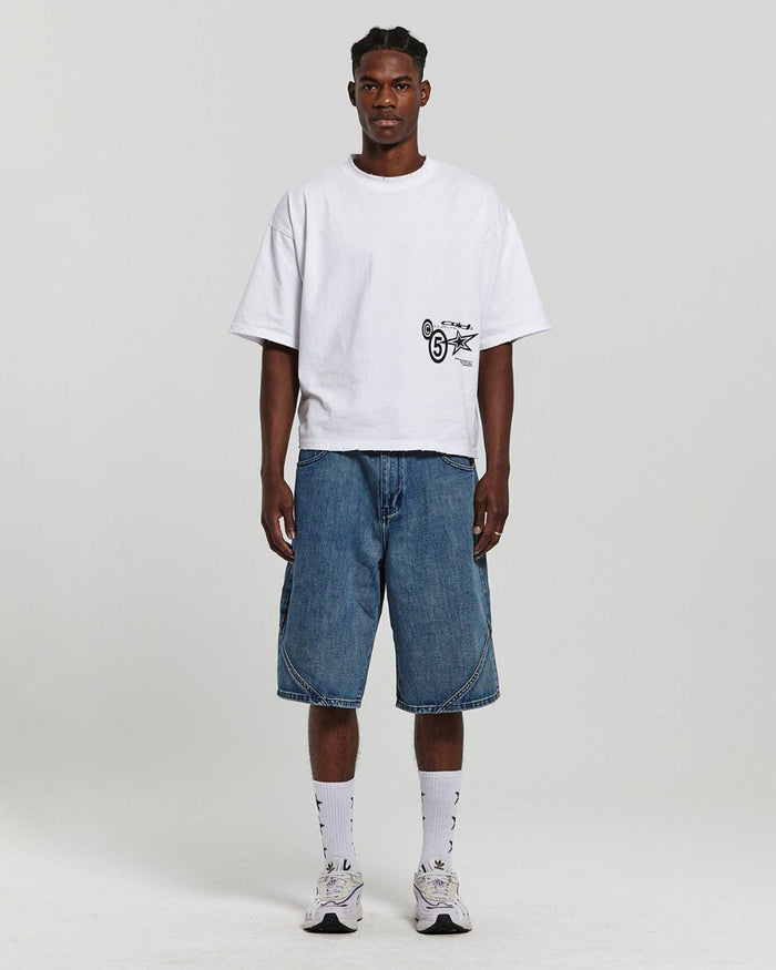 ASSEMBLY V2 SHORTS ACID BLUE DENIM - washed blue denim shorts, front view on male model - Cold Culture #man