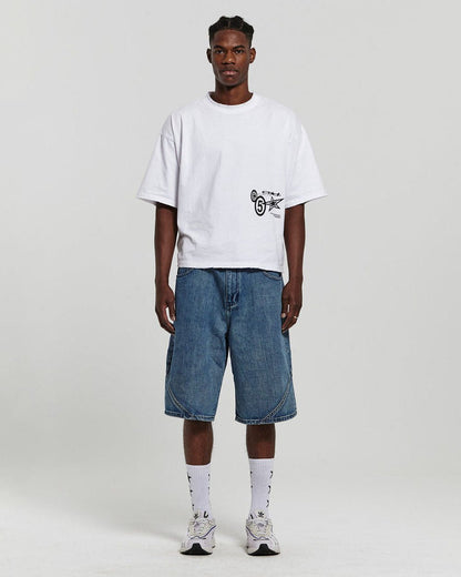 ASSEMBLY V2 SHORTS ACID BLUE DENIM - washed blue denim shorts, front view on male model - Cold Culture #man