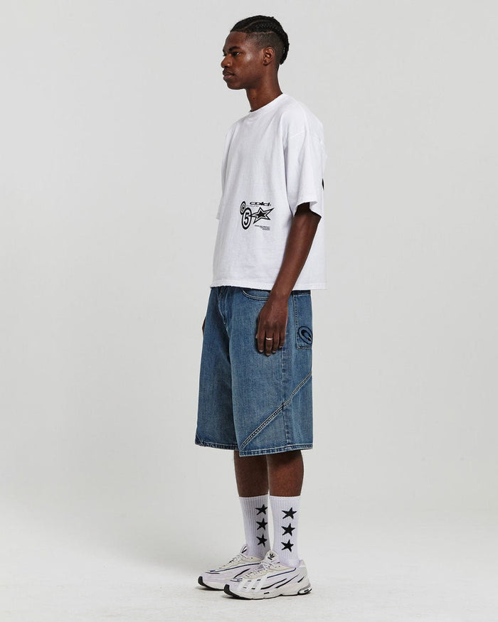 ASSEMBLY V2 SHORTS ACID BLUE DENIM - washed blue denim shorts, side view - Cold Culture #man