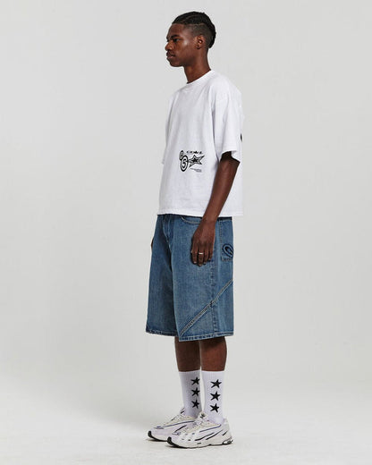 ASSEMBLY V2 SHORTS ACID BLUE DENIM - washed blue denim shorts, side view - Cold Culture #man