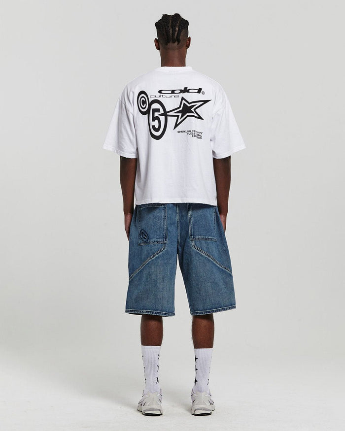 ASSEMBLY V2 SHORTS ACID BLUE DENIM - washed blue denim shorts, back view on male model - Cold Culture #man