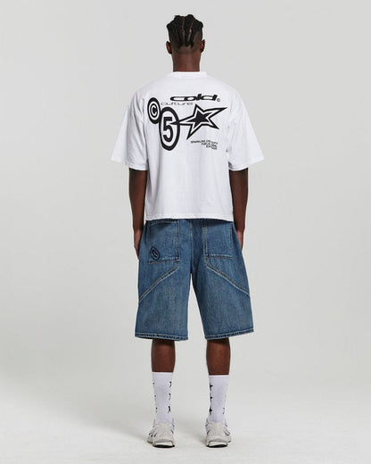 ASSEMBLY V2 SHORTS ACID BLUE DENIM - washed blue denim shorts, back view on male model - Cold Culture #man