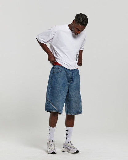 ASSEMBLY V2 SHORTS ACID BLUE DENIM - washed blue denim shorts, front view on male model - Cold Culture #man