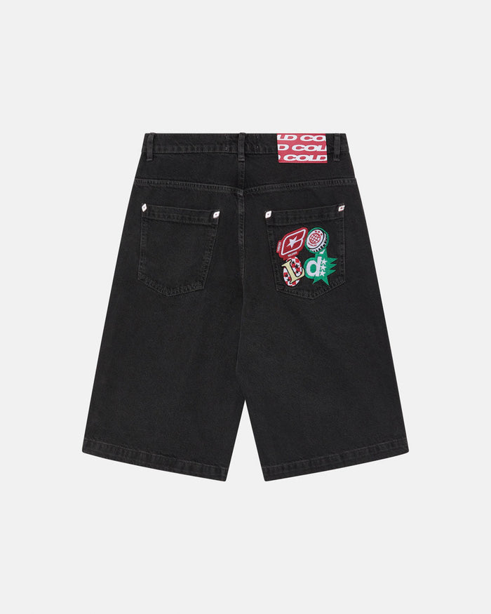 BADGES JORTS BLACK LICORICE - black baggy denim shorts, back view - Cold Culture