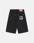 BADGES JORTS BLACK LICORICE - black baggy denim shorts, back view - Cold Culture