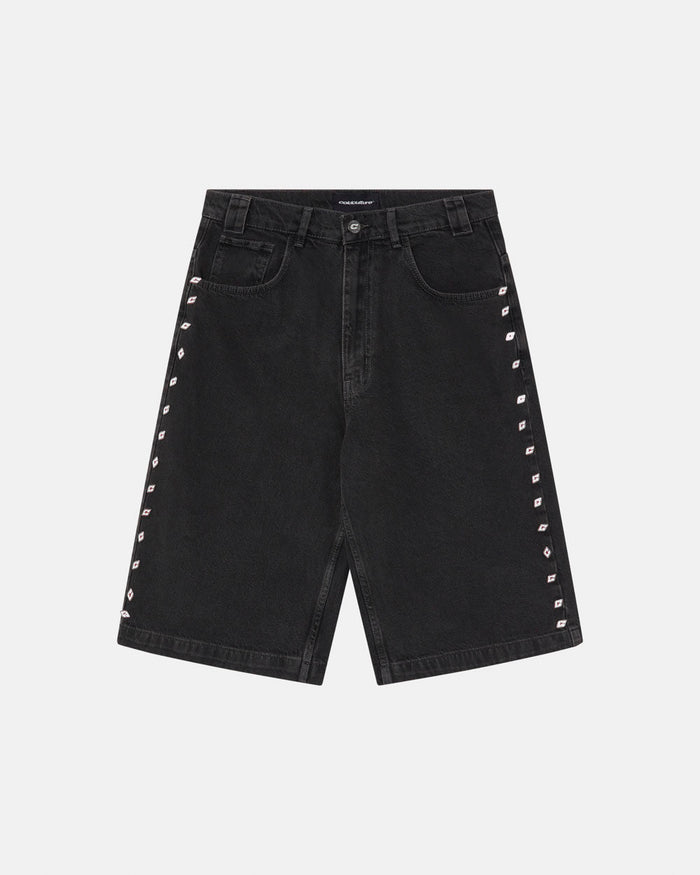 BADGES JORTS BLACK LICORICE - black baggy denim shorts, front view - Cold Culture