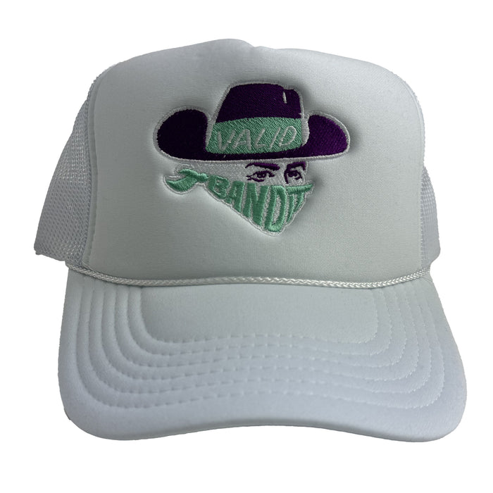 Bandit White Trucker Hat W/ Purple and Mint Stitch