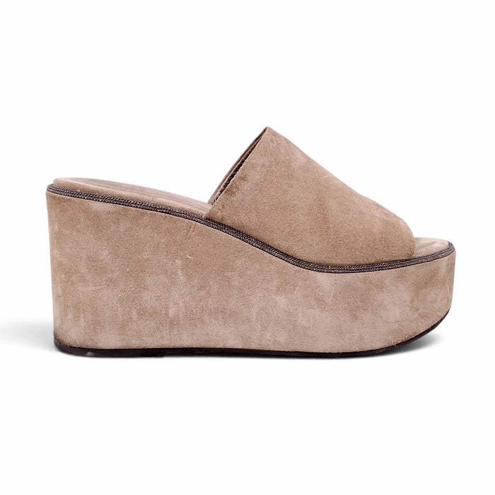 B.C. TAUPE SUEDE PLATFORM WEDGES WITH MONILI - SIZE 38