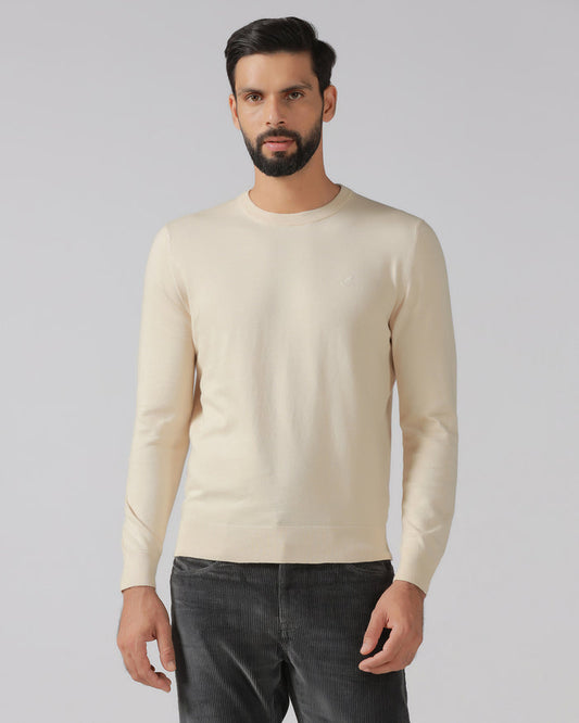 Beige Crew Neck Solid Sweater - Mario