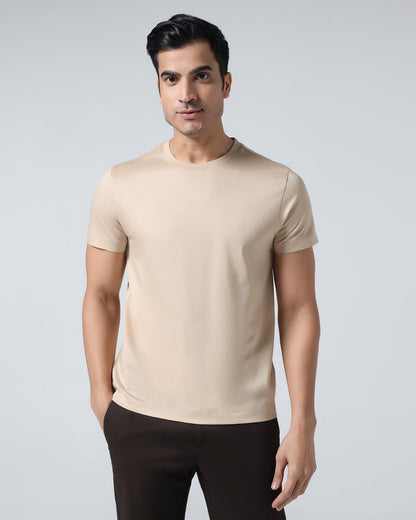 Beige Crew Neck Solid T-Shirt - Peralta