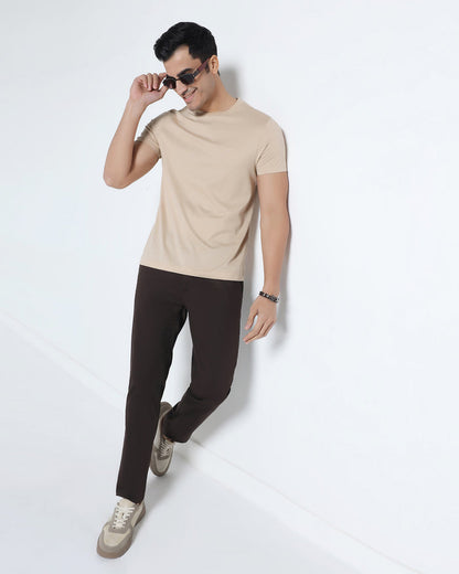 Beige Crew Neck Solid T-Shirt - Peralta