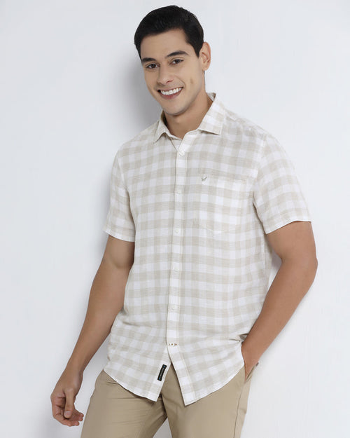 Beige Half Sleeve Linen Check Shirt - Yudi