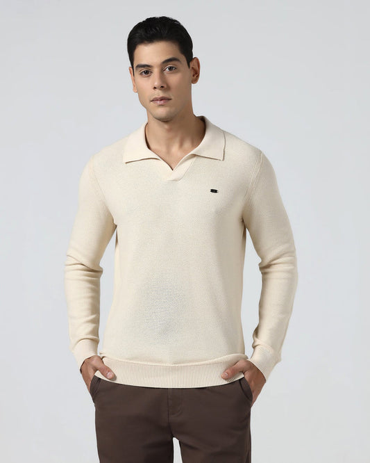 Beige Polo Neck Jacquard Sweater - Draco