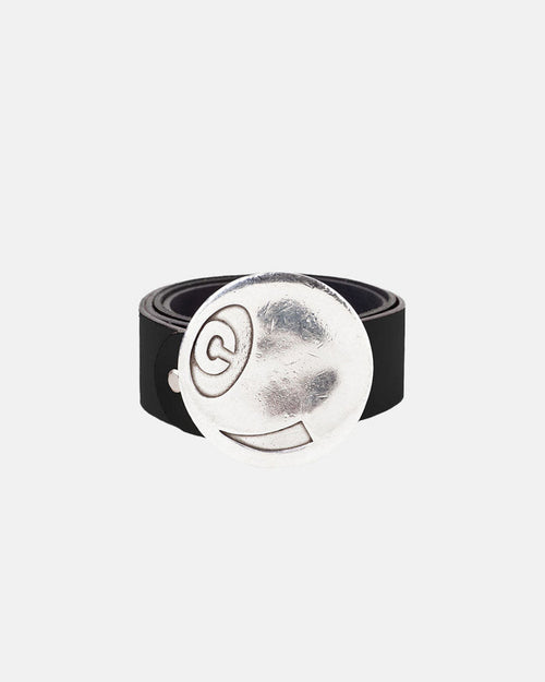 BILLIARD LEATHER BELT BLACK - black leather belt with round buckle, front view - Cold Culture
