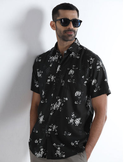 Black Half Sleeve Printed Shirt - Hobson