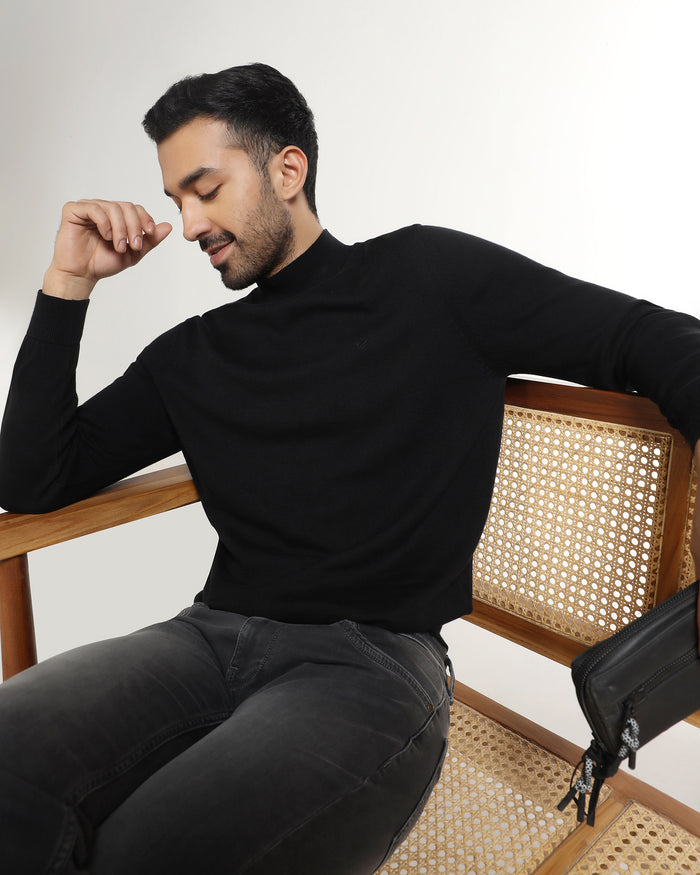 Black High Neck Solid Sweater - Pop