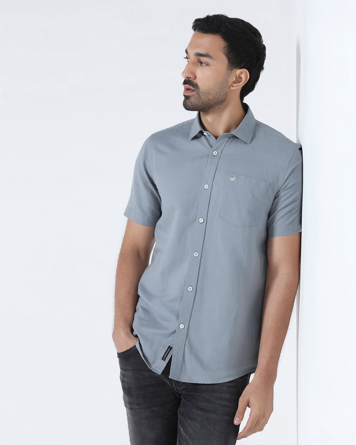 Blue Grey Half Sleeve Linen Solid Shirt - Cleo