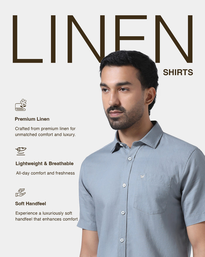 Blue Grey Half Sleeve Linen Solid Shirt - Cleo