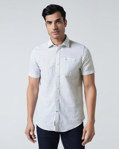 Blue Half Sleeve Linen Printed Shirt - Rogel