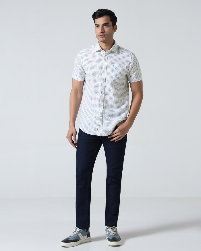 Blue Half Sleeve Linen Printed Shirt - Rogel