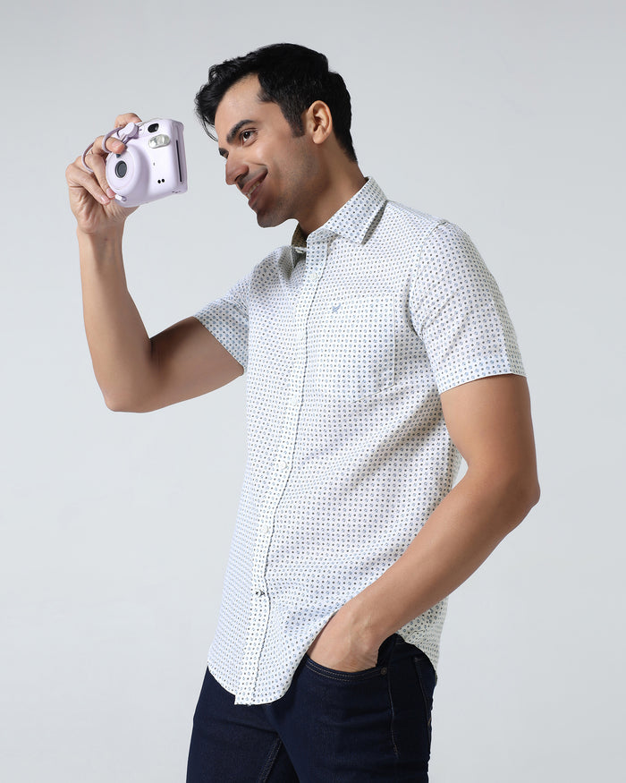 Blue Half Sleeve Linen Printed Shirt - Rogel