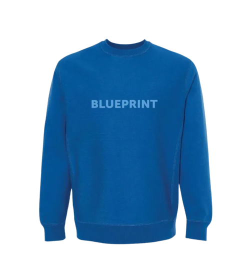 A blue crewneck sweatshirt with the word 'BLUEPRINT' printed across the front in capital letters