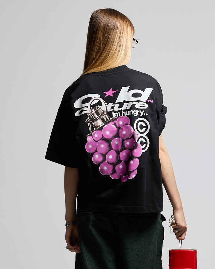 BOOM TEE BLACK - black graphic print tee, back view on female model - Cold Culture #woman