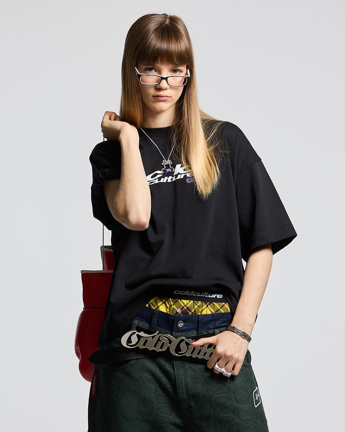 BOOM TEE BLACK - black graphic print tee, front view on female model - Cold Culture #woman