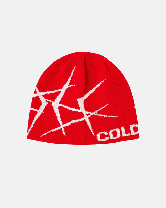 BRAMBLES BEANIE RED - red patterned beanie, front view - Cold Culture