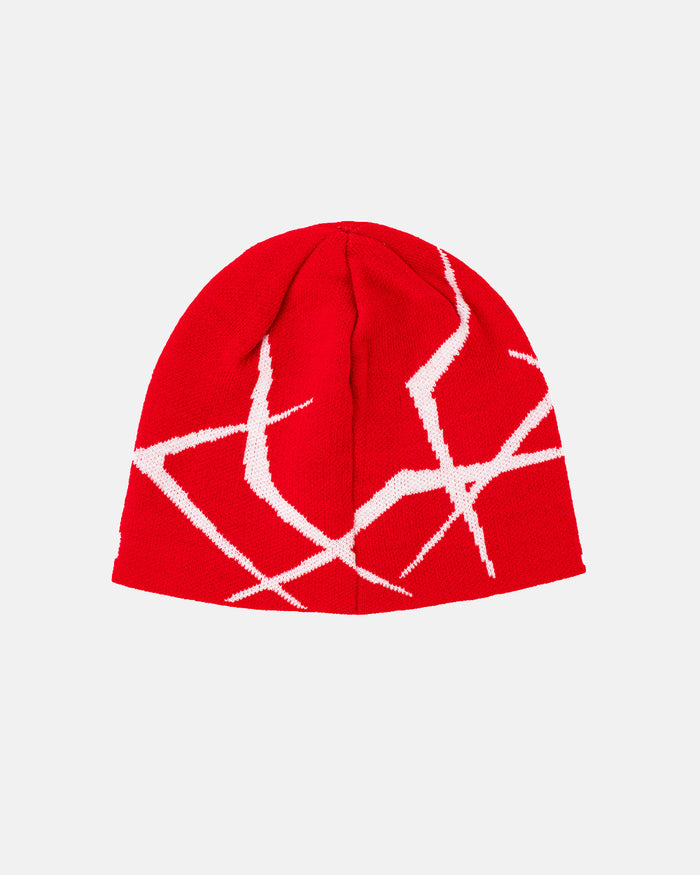 BRAMBLES BEANIE RED - red patterned beanie, back view - Cold Culture