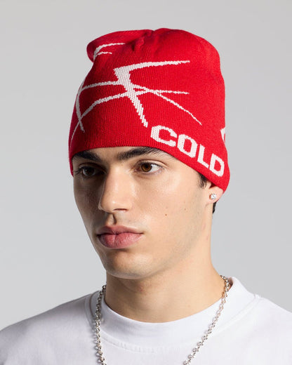 BRAMBLES BEANIE RED - red patterned beanie, on model close-up - Cold Culture #man