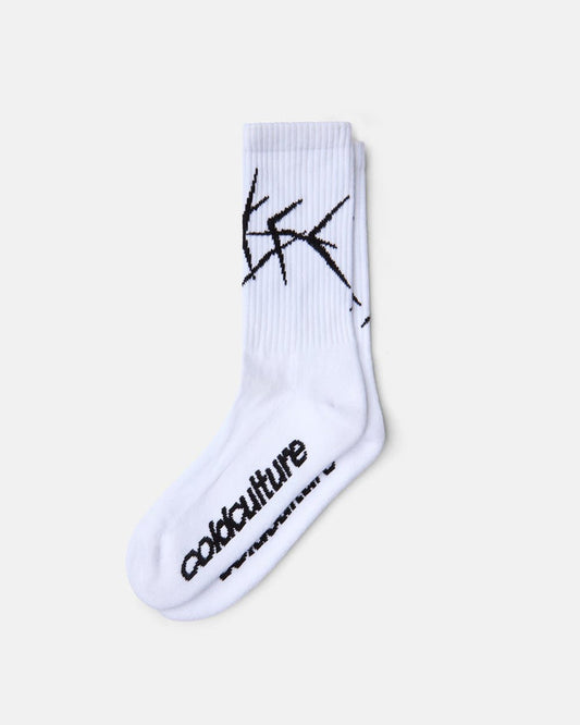 BRAMBLES SOCKS WHITE/BLACK - white graphic print socks, flat lay - Cold Culture