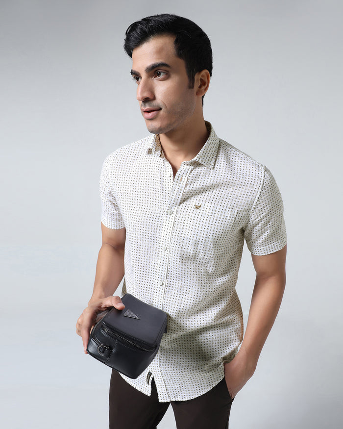 Brown Half Sleeve Linen Printed Shirt - Rogel