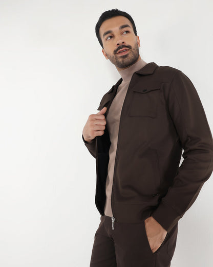 Brown Polo Neck Solid Sweatshirt - Octa