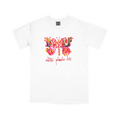 White t-shirt featuring a colorful, abstract butterfly design in pink, orange, and yellow, with cursive text below that reads “alles phoebi lou” in pink. Crafted from soft ring-spun cotton for superior comfort and durability.