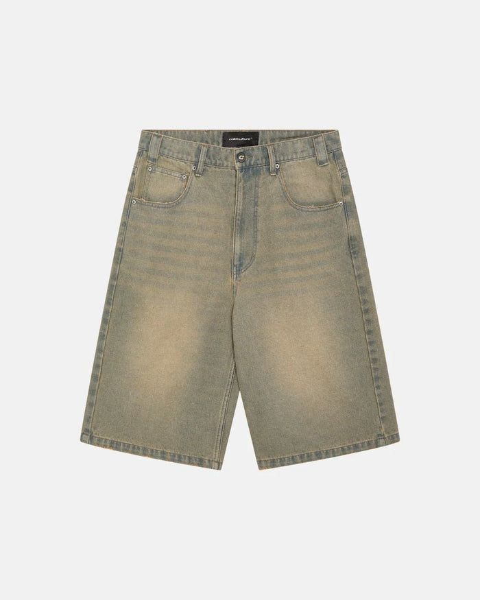 C V2 DIRTY DENIM SHORTS - washed denim shorts, front view - Cold Culture