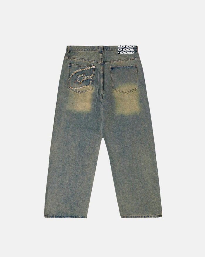 C V2 PANTS DIRTY LIGHT DENIM - light wash baggy denim pants, back view - Cold Culture