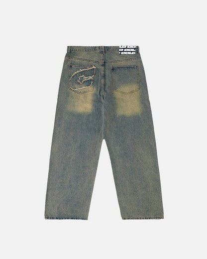 C V2 PANTS DIRTY LIGHT DENIM - light wash baggy denim pants, back view - Cold Culture