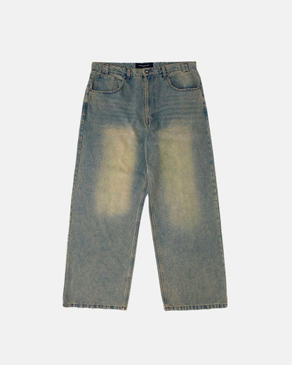 C V2 PANTS DIRTY LIGHT DENIM - light wash baggy denim pants, front view - Cold Culture