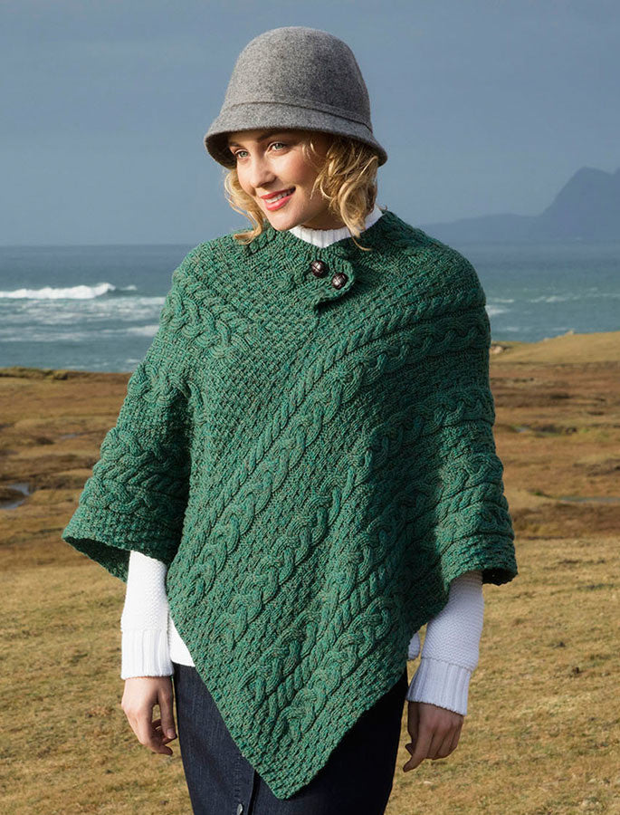 Cable Poncho with Aran Button Detail - Connemara Green #color_connemara-green