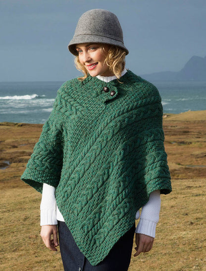 Cable Poncho with Aran Button Detail - Connemara Green #color_connemara-green