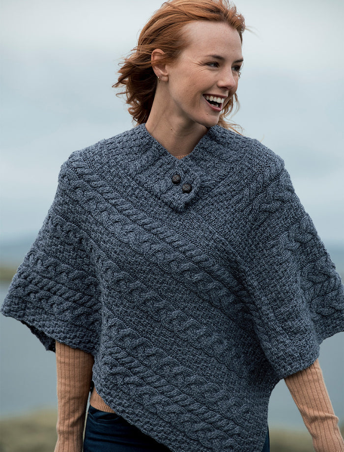 Cable Poncho with Aran Button Detail - Denim Marl #color_denim