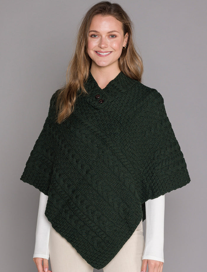 Cable Poncho with Aran Button Detail - Army Green #color_army-green