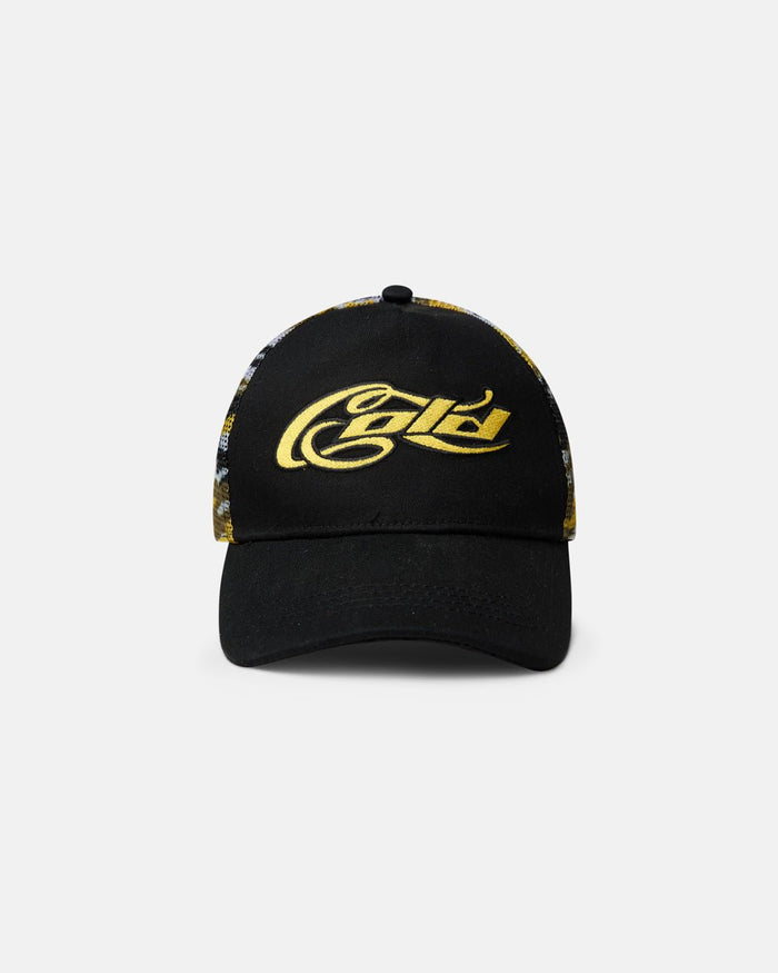 CAMO CAP BLACK AND YELLOW - black and yellow camo cap, front view - Cold Culture