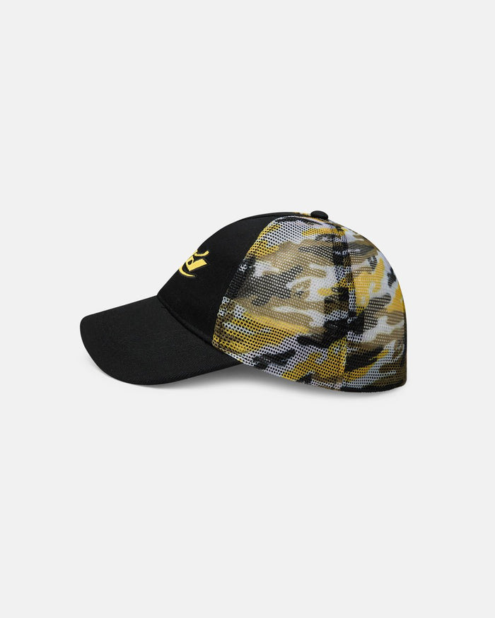 CAMO CAP BLACK AND YELLOW - black and yellow camo cap, side view - Cold Culture