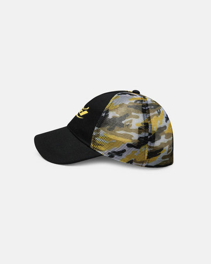 CAMO CAP BLACK AND YELLOW - black and yellow camo cap, side view - Cold Culture