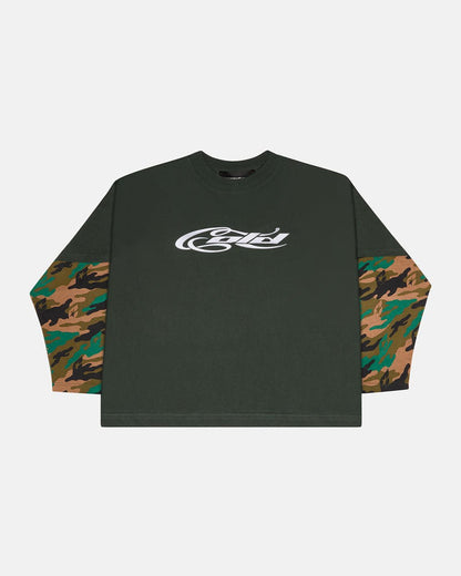 CAMO DOUBLE SLEEVE TEE DEEP FOREST - dark green camo longsleeve tee, front view - Cold Culture