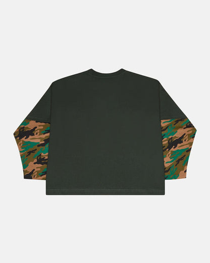 CAMO DOUBLE SLEEVE TEE DEEP FOREST - dark green camo longsleeve tee, back view - Cold Culture